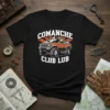 Comanche Club Lub text with an orange Jeep truck and mountain graphic on a black t-shirt