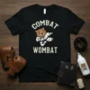Combat Wombat T-Shirt featuring a cartoon wombat in a karate gi, performing a kick. Text reads "COMBAT WOMBAT"