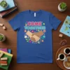 Come Together quote with diverse hand shake graphic and colorful geometric shapes on a royal blue t-shirt