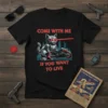 Cyberpunk cat on a motorcycle with laser eyes, text reads "Come With Me If You Want To Live" on a
