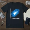 Comet Coordinate Plane T-Shirt featuring a blue galaxy, stars, and a comet on a graph grid