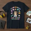 T-shirt with colorful text "COMMUNICATION LOOKS DIFFERENT FOR EVERYONE" featuring an owl, books, and communication icons