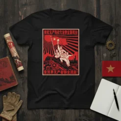 實現無產階級化發奮全面規律 Communist Revolution T-Shirt featuring a vintage propaganda design with figures holding a flag and torch