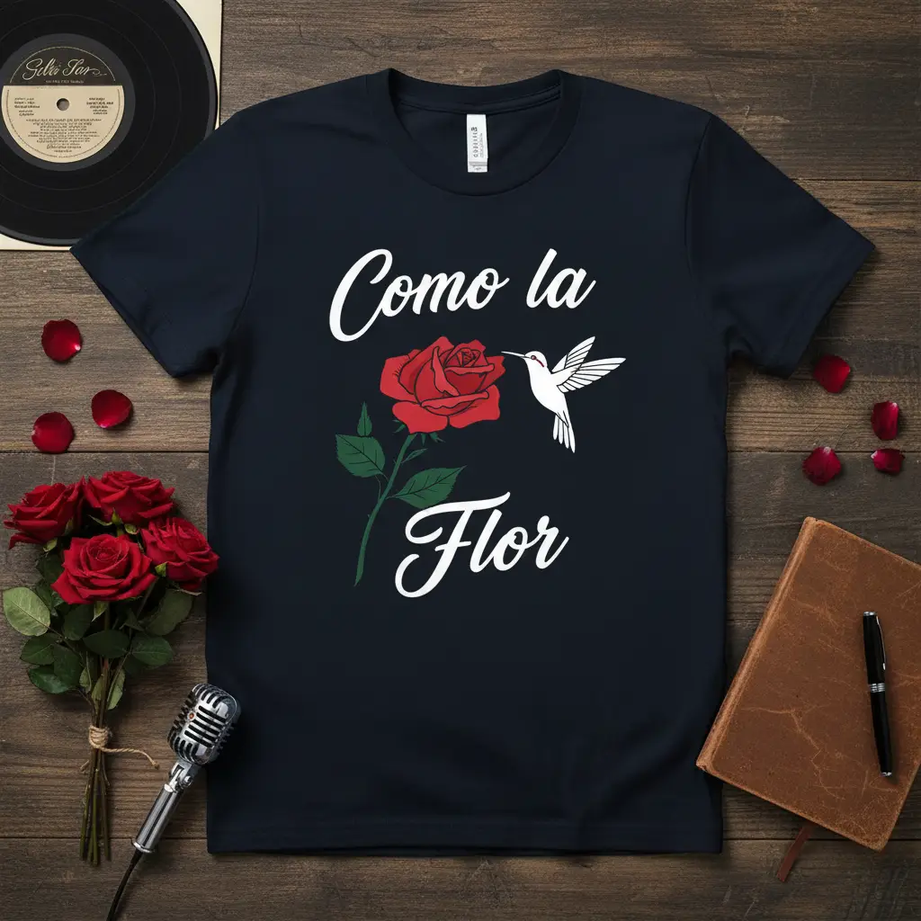 Como La Flor Spanish phrase with rose and hummingbird graphic on a dark t-shirt