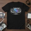 Compact Disc Digital Audio text design with headphones graphic and equalizer bars on a black t-shirt