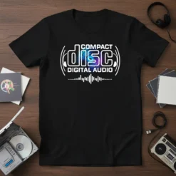 Compact Disc Digital Audio text design with headphones graphic and equalizer bars on a black t-shirt
