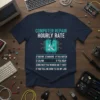 Computer Repair Hourly Rate t-shirt with humorous pricing for IT support, featuring a circuit board graphic and detailed rate breakdown