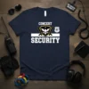 Navy blue t-shirt with "Concert Security" text, shield graphic, and crossed batons
