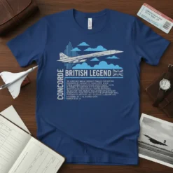 Concorde British Legend t-shirt design featuring a supersonic jet illustration and historical text