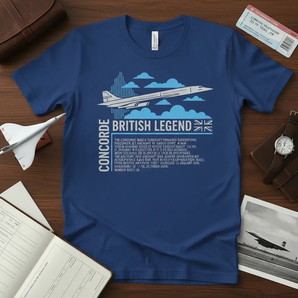 Concorde British Legend design on a blue t-shirt with illustration and historical facts