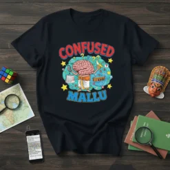 Confused Mallu t-shirt with a cartoon brain wearing a traditional dhoti and holding a phone, surrounded by question marks and