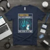 T-shirt design with text "Connecting The Tech Community One Event At A Time" featuring a penguin holding a laptop and