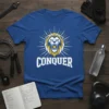 Royal blue t-shirt with a white and gold lion graphic and the word "CONQUER" in white text, motivational gym wear