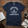 Navy blue t-shirt with white text and circular logo for Conroe Church