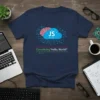 JavaScript Console.log "Hello, World!" t-shirt with cloud and brain graphic, designed for coders