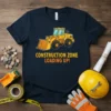 Construction Zone Loading Up! text with a yellow front-loader graphic on a navy t-shirt