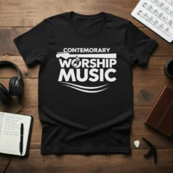 Black t-shirt with white text "CONTEMPORARY WORSHIP MUSIC" and a guitar graphic, suitable for worship music lovers