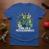Cool As A Picklesaurus! t-shirt design showing a pickle riding a dinosaur