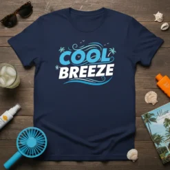 Navy t-shirt with "Cool Breeze" text in blue and white, featuring waves, palm trees, and seagulls graphic