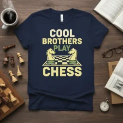 Cool Brothers Play Chess t-shirt design with knights on a chessboard. Features bold text and a playful graphic for brotherly