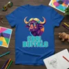 Cool Buffalo T-Shirt with a colorful, stylized buffalo wearing sunglasses and the text "COOL BUFFALO" in blue letters