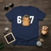 Navy blue t-shirt featuring the text "67" with a cartoon capybara wearing sunglasses in the middle