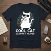 White cat wearing sunglasses playing a clarinet, with musical notes swirling around, text reads "COOL CAT CLARINET PLAYER"