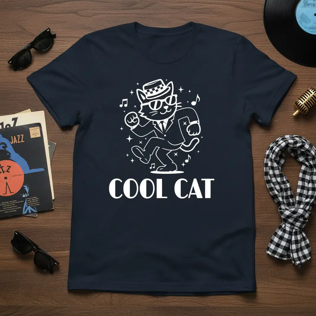 Cool Cat graphic design featuring a white outline of a dancing cat in a suit and hat with musical notes