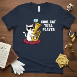 Cool Cat Tuba Player T-Shirt design featuring a white cat playing a golden tuba on a red cushion, with text