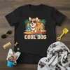 Cool Dog surfing Corgi t-shirt design with palm trees, waves, and sunglasses