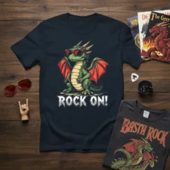 Green dragon wearing sunglasses and the text "ROCK ON!" on a dark t-shirt design
