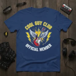 Cool Guy Club Official Member text with a winged electric guitar graphic, yellow lightning bolts, and musical notes on a