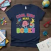 Cool Kids Read Books t-shirt design with a cartoon brain, moon, rocket, and colorful text