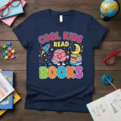 Cool Kids Read Books t-shirt design with a cartoon brain, moon, rocket, and colorful text