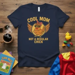 Cool Mom Not A Regular Chick design featuring a cartoon chicken wearing sunglasses and a bandana, with wings, on a