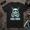Black t-shirt with "COOL VIBES" text and a robot panda graphic wearing sunglasses and lightning bolts