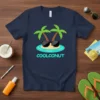 Navy t-shirt featuring the text "COOLCONUT" with a cartoon coconut wearing sunglasses on a tropical island