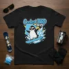 Coolest Bird On Ice T-Shirt design with a cartoon penguin snowboarding, wearing sunglasses, and surrounded by ice shards