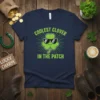 Coolest Clover In The Patch t-shirt design with a sunglasses-wearing shamrock graphic and green text