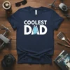 Navy t-shirt with "Coolest Dad" text and a cute penguin graphic, ideal for Father's Day gifts