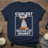Coolest Sphynx Cat Granny t-shirt design featuring a sunglasses-wearing Sphynx cat sitting on a book