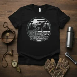 Coon Hunter T-Shirt design featuring a dog silhouette in a circle with mountains and trees