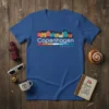 Copenhagen Denmark t-shirt with a colorful city skyline graphic and text