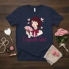 Coquette Girl text with a retro illustration of a woman holding a fan on a navy blue t-shirt