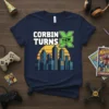 Corbin Turns Ten birthday t-shirt with white text and a green 'X' symbol over a cityscape graphic