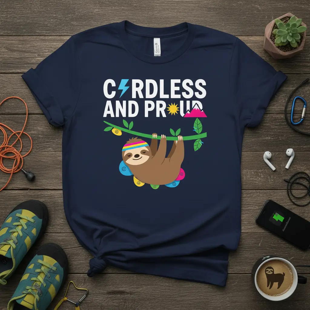 Cordless and Proud text with a cute sloth graphic on a navy blue t-shirt design
