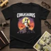 Corgasaurus T-Shirt with a corgi dog dressed as a dinosaur roaring on a mountain, Japanese text above