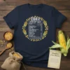 Corn Nutrition Facts t-shirt design with detailed nutritional information and a border of corn cobs and kernels