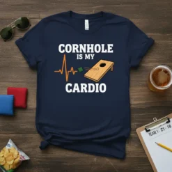 Cornhole Is My Cardio T-Shirt design featuring a heartbeat line connecting to a cornhole board with a bean bag