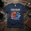 Cosmic Balance Day & Night Sun & Moon Yin & Yang t-shirt featuring red dragon and blue phoenix in yin
